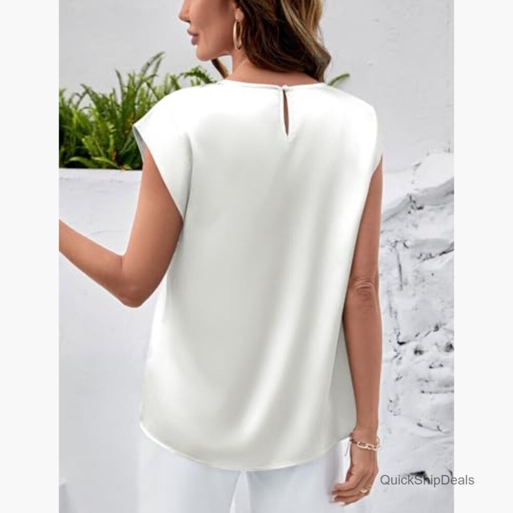 Silk Satin Cap Sleeve Tank Top Loose Fit Business Casual Blouse - Picture 3 of 7